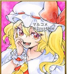 Rule 34 | 1girl, 2zuz4hru, :d, artist name, ascot, blonde hair, collared dress, dress, fangs, flandre scarlet, frilled cuffs, frilled hat, frills, hand on own cheek, hand on own face, hat, medium hair, mob cap, nail, open mouth, painting (medium), pink background, portrait, red eyes, red ribbon, red vest, ribbon, side ponytail, smile, solo, touhou, traditional media, twitter username, vampire, vest, watercolor (medium), yellow ascot