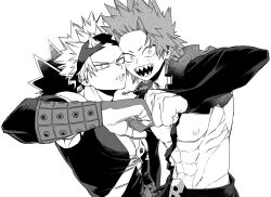 Rule 34 | 2boys, abs, armpits, bakugou katsuki, boku no hero academia, elbow sleeve, fist bump, gloves, highres, kirishima eijirou, male focus, mask, monochrome, multiple boys, muscular, muscular male, navel, nipples, pants, pectoral cleavage, pectorals, pinari krbk, sharp teeth, short hair, spiked hair, standing, superhero costume, tank top, teeth, topless male, unworn mask