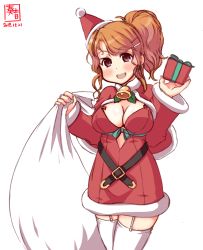 Rule 34 | 1girl, adapted costume, alternate costume, alternate legwear, aquila (kancolle), armpit cutout, artist logo, bell, capelet, choker, christmas, christmas tree, cleavage cutout, clothing cutout, cowboy shot, dated, dress, garter straps, gift, hair between eyes, hat, highres, kanon (kurogane knights), kantai collection, long hair, merry christmas, neck bell, open mouth, orange hair, red dress, red hat, sack, santa costume, santa hat, signature, simple background, smile, solo, thighhighs, wavy hair, white background, white thighhighs, yellow eyes