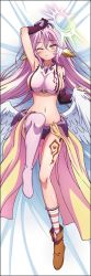 Rule 34 | 1girl, angel wings, arm up, armpits, asymmetrical legwear, bed sheet, blush, breasts, spiked halo, crop top, cross, dakimakura (medium), feathered wings, full body, gloves, halo, highres, jibril (no game no life), large breasts, long hair, low wings, lying, magic circle, midriff, mismatched legwear, multicolored eyes, navel, no game no life, official art, on back, one eye closed, pink hair, purple eyes, shoes, sideboob, single shoe, solo, symbol-shaped pupils, tattoo, very long hair, white wings, wing ears, wings, yellow eyes