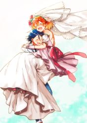Rule 34 | 1boy, 1girl, :d, arms around neck, backless dress, backless outfit, bad id, bad pixiv id, black neckwear, blonde hair, blue hair, blue pants, bow, bridal veil, brown hair, carrying, closed eyes, couple, detached sleeves, dress, freyja wion, gloves, hayate immelmann, highres, jacket, jewelry, long dress, macross, macross delta, multicolored hair, necktie, open mouth, pants, pote-mm, princess carry, red bow, ring, short hair, short sleeves, shoulder blades, simple background, sleeveless, sleeveless dress, smile, two-tone hair, veil, wedding band, wedding dress, white background, white dress, white gloves, white jacket, white sleeves