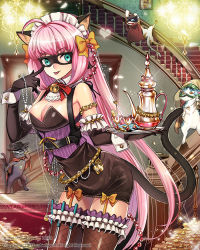 Rule 34 | 1girl, animal ears, bad id, bad pixiv id, bell, blue eyes, breasts, cat, cat ears, cat tail, dated, detached collar, dino (trexsilence), domino mask, elbow gloves, gloves, jewelry, long hair, looking at viewer, lots of jewelry, maid headdress, mask, original, patterned legwear, pink hair, solo, tail, tenkuu no crystalia, thighhighs, tray, wrist cuffs