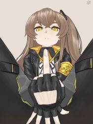 Rule 34 | 1girl, 404 logo (girls&#039; frontline), absurdres, between legs, black gloves, black jacket, black pantyhose, brown background, brown hair, commentary request, covering privates, covering crotch, fingerless gloves, from below, frown, girls&#039; frontline, gloves, hand between legs, highres, jacket, long hair, looking at viewer, middle finger, no scar, one side up, pantyhose, simple background, skirt, solo, ump45 (girls&#039; frontline), wdb-33f, yellow eyes