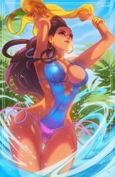 Rule 34 | 1girl, armpits, arms up, asymmetrical hair, bangle, black hair, blue one-piece swimsuit, bracelet, brazil, breasts, brown eyes, cleavage, commentary, cornrows, dark-skinned female, dark skin, edwin huang, english commentary, gluteal fold, highres, jersey, jewelry, large breasts, laura matsuda, long hair, multicolored clothes, multicolored swimsuit, narrow waist, official alternate costume, one-piece swimsuit, pink lips, pink one-piece swimsuit, unworn shirt, side-tie swimsuit, solo, sportswear, strap gap, street fighter, street fighter v, swimsuit, thigh gap, very dark skin, wading, water