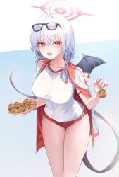 Rule 34 | 1girl, absurdres, bare legs, blue archive, braid, breasts, demon tail, demon wings, eyewear on head, food, halo, haruna (blue archive), haruna (track) (blue archive), highres, holding, holding food, large breasts, long hair, looking at viewer, open mouth, red eyes, single wing, soy chicken, sunglasses, tail, takoyaki, track suit, white hair, wings