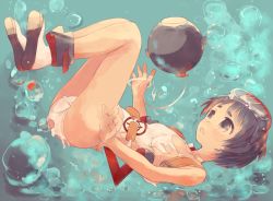 Rule 34 | 10s, 1girl, air bubble, black hair, brown eyes, bubble, diving mask, diving mask on head, flat chest, full body, goggles, goggles on head, kantai collection, maru-yu (kancolle), no socks, oluha, one-piece swimsuit, open mouth, shoes, short hair, sinking, solo, swimsuit, torn clothes, torn swimsuit, underwater, very short hair