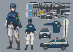 Rule 34 | 1girl, armband, badge, baton (weapon), belt, black footwear, blue eyes, blue headwear, blue jacket, boots, brown hair, car, clipboard, commentary, commentary request, contrapposto, cuffs, english commentary, english text, engrish commentary, expandable baton, fk brno field pistol, flashlight, full body, genso, gloves, grey background, gun, hair bun, handcuffs, handgun, hat, holding, holster, id card, jacket, knife, latex, latex gloves, long sleeves, magazine (weapon), motor vehicle, multiple views, original, pants, pen, pistol, police, police car, police uniform, policewoman, ponytail, pouch, radio antenna, simple background, single hair bun, sports utility vehicle, standing, sweater, taser, twitter username, uniform, walkie-talkie, wallet, watch, weapon, whistle, white gloves, wristwatch