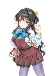 Rule 34 | 1girl, absurdres, black hair, bow, bowtie, breasts, clenched hand, commentary request, cowboy shot, dress, grey pantyhose, hair ribbon, half updo, halterneck, highres, kantai collection, large breasts, long hair, looking at viewer, multicolored hair, naganami (kancolle), pantyhose, pink hair, pleated dress, purple dress, ribbon, school uniform, shirt, simple background, solo, two-tone hair, wavy hair, white background, white shirt, yashin (yasinz), yellow eyes, yellow ribbon