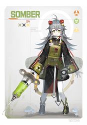 Rule 34 | 1girl, absurdres, ahoge, artist name, belt, boots, closed mouth, collar, collared jacket, cyberpunk, english text, facing viewer, frown, full body, gas mask, gloves, green eyes, grey hair, hair between eyes, hair ornament, highres, holding, holding syringe, jacket, liquid, long hair, long sleeves, looking at viewer, mask, unworn mask, military, mushroom, original, pantyhose, photoshop (medium), pocket, simple background, solo, soyoong jun, standing, strap, syringe, thick eyebrows, white gloves, white pantyhose, wide sleeves
