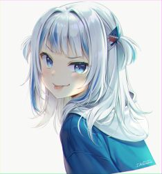 Rule 34 | 1girl, blue eyes, blue hair, blush, cropped torso, from side, gawr gura, hair intakes, hair ornament, highres, hololive, hololive english, hood, hood down, ika (4801055), long hair, looking at viewer, multicolored hair, shark hair ornament, signature, smile, solo, streaked hair, striped, tongue, tongue out, twitter username, virtual youtuber