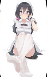 Rule 34 | 1girl, apron, black hair, bow, feet, foot focus, foreshortening, glasses, hair bow, long hair, looking at viewer, maid, maid apron, maid headdress, no shoes, original, purple eyes, red-framed eyewear, semi-rimless eyewear, short hair, sitting, sitting on person, soles, thighhighs, twintails, unimon e, white background, white thighhighs, wrist cuffs