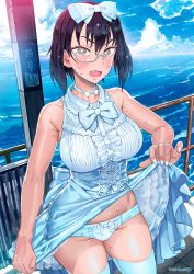 Rule 34 | 1girl, armpit crease, artist name, back bow, bare arms, bare shoulders, black hair, blue bow, blue bowtie, blue choker, blue panties, blue thighhighs, blush, bow, bow choker, bow panties, bowtie, breasts, bright pupils, brown eyes, buttons, center frills, choker, clothes lift, collarbone, collared dress, commentary request, cowboy shot, cross-laced clothes, day, dress, dress lift, embarrassed, fang, fingernails, frilled dress, frilled panties, frills, girls und panzer, grey-framed eyewear, groin, hair between eyes, hair bow, hand up, highres, horizon, kawashima momo, large breasts, lifted by self, looking at viewer, monocle, nail polish, norinco, ocean, open mouth, outdoors, panties, railing, semi-rimless eyewear, short hair, sleeveless, sleeveless dress, solo, standing, sweat, thighhighs, under-rim eyewear, underwear, v-shaped eyebrows, water, wavy mouth, white nails, white pupils