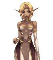 Rule 34 | 1girl, artist request, bare shoulders, blonde hair, blue eyes, bridal gauntlets, choker, dark skin, dark-skinned female, dress, earrings, elf, expressionless, jewelry, official art, pointy ears, regal lily, short hair, solo, spectral (series), spectral force, strapless, strapless dress, white background