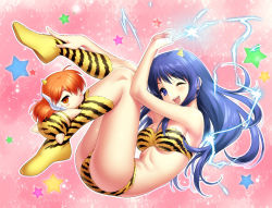 Rule 34 | 1girl, 2girls, animal print, bikini, blue eyes, blue hair, boots, commentary request, cone horns, cosplay, electricity, fang, full body, horns, kurusugawa ayaka, long hair, looking at viewer, lum, lum (cosplay), multiple girls, oni, pink background, robot ears, serio (to heart), smile, star (symbol), starry background, strapless, strapless bikini, swimsuit, ten (urusei yatsura), ten (urusei yatsura) (cosplay), tiger print, tiger stripes, to heart, to heart (series), urusei yatsura, zen