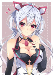 Rule 34 | 1girl, ahoge, black bra, black gloves, blush, bra, breasts, cleavage, collarbone, elbow gloves, gloves, hair between eyes, hair ornament, hand on own chest, highres, innocent cluster, large breasts, long hair, looking at viewer, matoi (pso2), milkpanda, phantasy star, phantasy star online 2, purple background, red eyes, silver hair, simple background, smile, solo, twintails, underwear, upper body