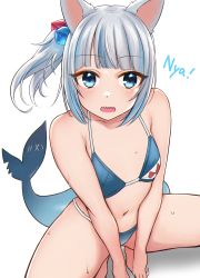 Rule 34 | 1girl, absurdres, animal ears, bikini, blue bikini, blue eyes, blue hair, cat ears, fins, fish tail, flat chest, gawr gura, highres, hololive, hololive english, hoshimiya aki, looking at viewer, multicolored hair, navel, open mouth, shark tail, sharp teeth, side ponytail, silver hair, simple background, solo, squatting, streaked hair, swimsuit, tail, teeth, virtual youtuber, white background