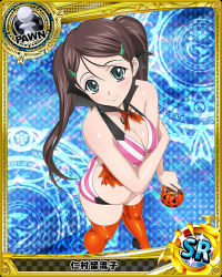 Rule 34 | 10s, 1girl, aqua eyes, argyle, argyle background, argyle clothes, argyle legwear, artist request, bikini, blue background, blue eyes, breasts, brown hair, card (medium), character name, chess piece, cleavage, hair ornament, hairclip, halftone, halftone background, halloween, high school dxd, long hair, looking at viewer, magic circle, nimura ruruko, official art, pawn (chess), smile, solo, striped bikini, striped clothes, swimsuit, thighhighs, torn clothes, trading card, twintails