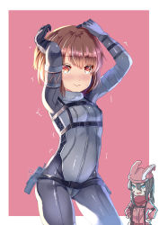Rule 34 | 2girls, animal ears, animal hat, arms up, black hair, blue eyes, blush, bodysuit, breasts, brown eyes, brown hair, closed mouth, cosplay, costume switch, cowboy shot, embarrassed, facial mark, gloves, grey bodysuit, hands on own hips, hat, jacket, llenn (sao), llenn (sao) (cosplay), long hair, long sleeves, looking at viewer, multiple girls, pink background, pink gloves, pink hat, pink jacket, pitohui (sao), pitohui (sao) (cosplay), ponytail, rabbit ears, rabbit hat, red eyes, short hair, skin tight, small breasts, sweat, sword art online, sword art online alternative: gun gale online, trembling, two-tone background, white background, xephonia