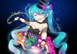 Rule 34 | 1girl, ;d, bare shoulders, beamed quavers, black dress, black hat, blue eyes, blue hair, blush, bow, breasts, collarbone, commentary request, crotchet, dress, hair bow, hat, hatsune miku, head tilt, heart, holding, holding clothes, holding hat, holding wand, long hair, musical note, one eye closed, open mouth, outstretched arm, pink bow, quaver, small breasts, smile, solo, sparkle, star (symbol), suzuki moeko, teeth, top hat, twintails, unworn hat, unworn headwear, upper teeth only, very long hair, vocaloid, wand