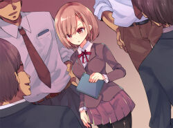 Rule 34 | 1girl, 4boys, arm at side, asakai mocchinu, black pantyhose, book, breast pocket, breasts, brown eyes, brown hair, brown jacket, buttons, collared shirt, cowboy shot, eye contact, faceless, faceless male, gradient background, hair ornament, hairclip, hand up, holding, holding book, jacket, long hair, looking at another, matching hair/eyes, medium breasts, miniskirt, multiple boys, neck ribbon, open mouth, original, pantyhose, pleated skirt, pocket, red ribbon, red skirt, ribbon, school uniform, shiny clothes, shirt, short hair, sidelocks, simple background, skirt, solo focus, standing, textless version, white shirt