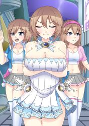 Rule 34 | 3girls, absurdres, alternate breast size, alternate costume, arms under breasts, blanc (neptunia), blue eyes, breast hold, breasts, brown hair, closed eyes, confused, covered erect nipples, crossed arms, fingerless gloves, gloves, hairband, highres, jacket, large breasts, long hair, midriff, multiple girls, navel, neptune (series), open clothes, open jacket, open mouth, parted lips, ram (neptunia), rom (neptunia), shirt, short hair, siblings, sisters, skirt, smile, teeth, walking, waving