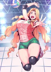Rule 34 | 1girl, ball, black thighhighs, blonde hair, blush, breasts, elbow pads, fate/grand order, fate (series), female focus, full body, green eyes, headband, highres, jumping, large breasts, long hair, looking at viewer, nakamura regura, open mouth, piercing, playing sports, quetzalcoatl (fate), shorts, solo, sportswear, sweat, teeth, thighhighs, tongue, very long hair, volleyball, volleyball (object), volleyball net, volleyball uniform