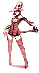 Rule 34 | 1girl, arc system works, bad id, bad pixiv id, black hair, boots, breasts, center opening, detached sleeves, female focus, fingerless gloves, full body, gloves, guilty gear, guitar, hat, highres, i-no, instrument, mole, monochrome, simple background, sketch, solo, thigh boots, thighhighs, white background, yunori