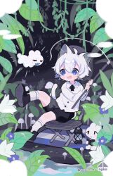 Rule 34 | 1boy, animal ears, black footwear, black shorts, blue eyes, blue flower, blush stickers, book, cat boy, cat ears, chair, collared shirt, commentary, cotono (nazekun), emphasis lines, fang, fishing rod, flower, foliage, hair between eyes, highres, holding, holding book, holding fishing rod, lantern, leaf, leg up, mushroom, on chair, open mouth, original, outdoors, plant, rabbit, shirt, shorts, socks, twitter username, vines, white hair, white shirt, white socks
