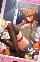 Rule 34 | 1girl, absurdres, animal ear fluff, animal ears, black thighhighs, blush, bodiedwile, bottomless, breasts, brown hair, brown sweater, character request, collar, collarbone, commission, copyright request, crane game, feet, fox ears, hair between eyes, hands up, highres, large breasts, long hair, looking at viewer, off-shoulder sweater, off shoulder, parted lips, pixiv commission, red collar, red eyes, sidelocks, sleeves past wrists, solo, stuffed animal, stuffed fox, stuffed toy, sweater, thigh strap, thighhighs