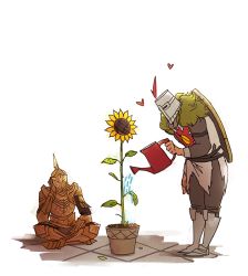 Rule 34 | 1boy, 1girl, armor, armored boots, blazemalefica, boots, covered face, dark souls (series), dark souls i, darkmoon knightess, flower, flower pot, full armor, gauntlets, gold armor, helmet, darkmoon knightess, solaire of astora, sunflower, tabard, third-party source, watering can