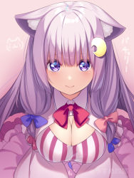 Rule 34 | 1girl, animal ear fluff, animal ears, bow, breasts, cat ears, cleavage, crescent, crescent hair ornament, dress, from above, hair bow, hair ornament, hairclip, large breasts, long hair, looking at viewer, looking up, patchouli knowledge, pink dress, purple eyes, purple hair, ribbon, smile, solo, striped, touhou, upper body, usume shirou, vertical stripes, very long hair
