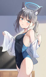 Rule 34 | 1girl, absurdres, animal ear fluff, animal ears, black one-piece swimsuit, blue archive, blue eyes, blue halo, breasts, collared shirt, competition swimsuit, covered navel, cowboy shot, cross hair ornament, dress shirt, extra ears, gekhuay, grey hair, hair ornament, halo, highleg, highleg swimsuit, highres, looking at viewer, low ponytail, medium breasts, medium hair, mismatched pupils, multicolored clothes, multicolored swimsuit, official alternate costume, one-piece swimsuit, open clothes, open shirt, shiroko (blue archive), shiroko (swimsuit) (blue archive), shirt, shirt hold, solo, swimsuit, thighs, white shirt, wolf ears