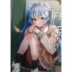 Rule 34 | 1girl, ahoge, animal ears, black socks, blue hair, blurry, blush, bokeh, boots, brown skirt, cardigan, cat ears, coffee cup, commentary, convenient leg, cup, day, depth of field, disposable cup, frilled skirt, frills, full body, green ribbon, grey cardigan, hair between eyes, hair ribbon, heart, heart ahoge, hololive, knees to chest, knees together feet apart, leaf, light blue hair, long hair, looking at viewer, miniskirt, motion blur, multicolored hair, official alternate costume, outdoors, own hands together, parted lips, plaid, plaid skirt, ribbon, sitting, skirt, socks, solo, soyoghi, streaked hair, two-tone hair, two side up, virtual youtuber, white footwear, wind, yellow eyes, yukihana lamy, yukihana lamy (casual)
