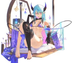 Rule 34 | 1girl, absurdres, bikini, black nails, blue hair, demon girl, demon horns, demon tail, ear piercing, highres, horns, knees up, kyri (s7nsles), long hair, looking at viewer, lucadark art, open mouth, original, piercing, pink eyes, pointy ears, purple bikini, single thighhigh, sitting, solo, swimsuit, tail, thighhighs, tongue, tongue out, torn clothes, torn thighhighs