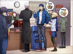 Rule 34 | ahoge, akujiki59, alcohol, archer (fate), artist name, artoria pendragon (all), artoria pendragon (fate), back, basket, beer, beer can, black eyes, blonde hair, blue hair, boots, bottle, can, cashier, clock, closed eyes, coat, collared coat, collared jacket, crossed arms, cu chulainn (fate), cu chulainn (fate/stay night), dark-skinned male, dark skin, denim, digital media player, drink can, ear piercing, earrings, faceless, faceless female, faceless male, fate/stay night, fate (series), food, headphones, hood, hoodie, jacket, jeans, jewelry, long hair, looking at another, muscular, muscular male, open clothes, open jacket, open mouth, pants, pectorals, piercing, ponytail, saber (fate), scarf, shelf, shirt, shop, shopping basket, sign, skirt, smirk, snack, socks, socks over thighhighs, sparkle, speech bubble, spiked hair, stud earrings, t-shirt, teeth, tight clothes, twitter username, unzipped, white hair, window