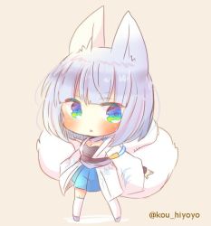 Rule 34 | 1girl, :o, animal ears, archery, azur lane, blue eyes, blue skirt, blush, breasts, brown background, chibi, cleavage, fox ears, fox girl, fox tail, full body, japanese clothes, kaga (azur lane), kimono, kou hiyoyo, kyuudou, long sleeves, medium breasts, open clothes, open kimono, outstretched arm, parted lips, pleated skirt, short hair, silver hair, skirt, solo, standing, tail, thighhighs, twitter username, white kimono, white thighhighs, wide sleeves