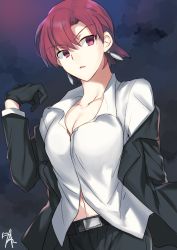 Rule 34 | 1girl, bazett fraga mcremitz, black gloves, black jacket, black pants, breasts, cleavage, cloud, cloudy sky, collarbone, dress shirt, fate/hollow ataraxia, fate (series), formal, gloves, highres, jacket, looking at viewer, looking to the side, medium breasts, midriff, mole, mole under eye, navel, night, nikame, off shoulder, open clothes, open jacket, open mouth, outdoors, pant suit, pants, red eyes, red hair, shirt, short hair, sky, solo, standing, stomach, suit, white shirt