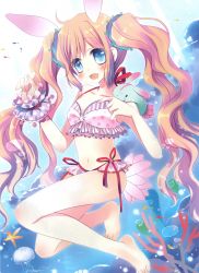 Rule 34 | 1girl, :d, absurdres, air bubble, animal ears, barefoot, bikini, blue eyes, blush, brown hair, bubble, collarbone, feathers, floating hair, frilled bikini, frills, full body, happy, highres, hinayuki usa, jellyfish, long hair, looking at viewer, navel, ocean, open mouth, original, pink bikini, rabbit ears, smile, solo, starfish, swimsuit, toes, twintails, underwater, very long hair, water, wavy hair
