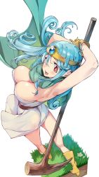 Rule 34 | 1girl, armpits, arms up, blue hair, boots, breasts, cape, circlet, cleavage, commentary request, curly hair, dragon quest, dragon quest iii, dress, full body, grass, highres, holding, holding staff, large breasts, long hair, looking at viewer, looking back, nonco, open mouth, red eyes, sage (dq3), short dress, sleeveless, sleeveless dress, solo, staff, strapless, strapless dress, thighs, white background, white dress, wooden staff, yellow footwear
