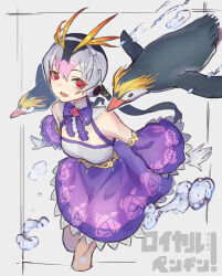 Rule 34 | 1girl, bare shoulders, bird, black hair, blonde hair, bow, bowtie, bubble, cowboy shot, detached collar, detached sleeves, don3, dress, frilled sleeves, frills, gloves, hair between eyes, headphones, kemono friends, kemono friends 3, long hair, multicolored hair, official alternate costume, penguin, pink hair, purple bow, purple bowtie, purple dress, purple sleeves, red eyes, royal penguin (kemono friends), solo, twintails, two-tone dress, white dress, white gloves, white hair