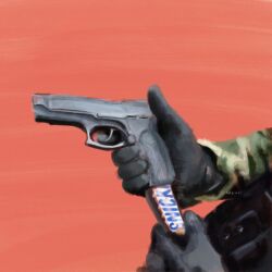 Rule 34 | 1other, ambiguous gender, black gloves, camouflage, camouflage jacket, candy, commentary, faux traditional media, finger on trigger, food, gloves, green jacket, gun, handgun, highres, holding, holding candy, holding food, holding gun, holding weapon, jacket, mp-443 grach, orange background, original, out of frame, painterly, product placement, reloading, snack, snickers (brand), solo, symbol-only commentary, trigger discipline, wavypeso, weapon, weapon focus, wrapped candy