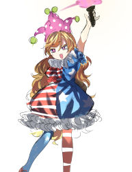 Rule 34 | 1girl, absurdres, american flag dress, american flag legwear, blonde hair, clownpiece, collared dress, commeowdore, dress, frilled dress, frills, hand up, hat, highres, jester cap, long hair, open mouth, pantyhose, thighhighs, torch, touhou