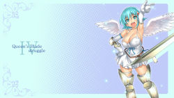 Rule 34 | 1girl, :d, angel of light nanael, angel wings, aqua eyes, aqua hair, armor, armpits, asymmetrical wings, belt, blush, breasts, cleavage, dress, elbow gloves, gloves, greaves, hair ornament, hairclip, hand on own hip, highres, hip focus, large breasts, looking at viewer, nakamura yukitoshi, nanael (queen&#039;s blade), nanael (queen's blade), open mouth, queen&#039;s blade, short hair, single elbow glove, single glove, skirt, smile, solo, sword, thigh strap, thighhighs, weapon, white dress, white gloves, white skirt, white thighhighs, wings