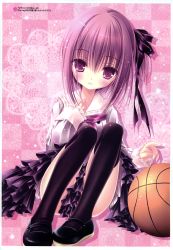Rule 34 | 10s, 1girl, absurdres, ball, basketball, basketball (object), black ribbon, black thighhighs, checkered background, collarbone, hair ribbon, highres, long hair, looking at viewer, minato tomoka, one side up, purple eyes, purple hair, ribbon, rou-kyuu-bu!, smile, solo, thighhighs, tinker bell (pixiv 10956015)