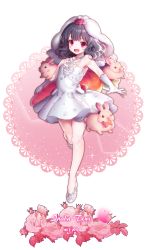 Rule 34 | 1girl, :d, alternate costume, animal, arm up, bare legs, bare shoulders, black hair, blush, breasts, bridal veil, bride, carrot, character name, collarbone, dress, elbow gloves, flower, full body, gloves, hair flower, hair ornament, highres, inaba tewi, jewelry, leg up, looking at viewer, necklace, no legwear, no socks, open mouth, outstretched arm, papo, pink flower, pink rose, rabbit, red eyes, rose, shiny skin, shoes, short dress, short hair, small breasts, smile, solo, spread fingers, standing, standing on one leg, strapless, strapless dress, tanjel, touhou, transparent background, veil, wavy hair, wedding dress, white dress, white footwear, white gloves