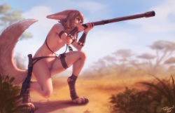 Rule 34 | 1girl, animal ears, bandaged foot, bandages, blowgun, blurry, blurry background, braid, cleft of venus, day, digitigrade, earrings, flat chest, flintstone, fox ears, fox tail, highres, holding, holding weapon, jewelry, khiara (personal ami), navel, necklace, nipples, nude, original, outdoors, personal ami, pussy, savannah, short hair, side braids, solo, squatting, tail, thigh strap, tooth necklace, tribal, uncensored, vambraces, weapon