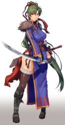 Rule 34 | 1girl, boots, fire emblem, fire emblem: the blazing blade, fire emblem heroes, green eyes, green hair, high heels, highres, holding, holding sword, holding weapon, katana, long hair, looking at viewer, lyn (fire emblem), nintendo, ponytail, sajittari, simple background, solo, sword, weapon, white background