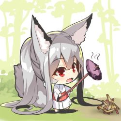 Rule 34 | 1girl, :d, absurdly long hair, animal ear fluff, animal ears, barefoot, blush, chibi, commentary request, day, food, fox ears, fox girl, fox tail, full body, hair between eyes, holding, holding stick, japanese clothes, kimono, long hair, long sleeves, looking away, obi, open mouth, original, outdoors, patch, ponytail, red eyes, roasted sweet potato, sash, shadow, sidelocks, silver hair, smile, solo, stick, sweet potato, tail, tree, very long hair, white background, white kimono, wide sleeves, yuuji (yukimimi)