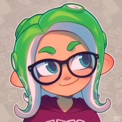 Rule 34 | 1girl, absurdres, aqua eyes, artist name, black-framed eyewear, chromatic aberration, closed mouth, commission, facing viewer, forehead, glasses, gradient hair, green hair, highres, hood, hood down, inkumochi, looking to the side, multicolored hair, nintendo, octoling girl, octoling player character, outline, parted hair, patterned background, pointy ears, portrait, red hood, smile, solo, splatoon (series), suction cups, tentacle hair, thick eyebrows, white outline
