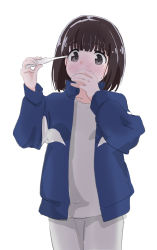 Rule 34 | 1girl, absurdres, arm up, black eyes, black hair, blouse, blue jacket, blunt bangs, blunt ends, blush, bob cut, casual, collarbone, collared jacket, covered mouth, covering own mouth, cowboy shot, digital thermometer, dot nose, female focus, fever, flustered, full-face blush, furrowed brow, grey pants, grey shirt, high collar, highres, holding, holding thermometer, jacket, koguma (super cub), long sleeves, murairamuraiari, nose blush, open clothes, open jacket, pajamas, pants, popped collar, puffy long sleeves, puffy sleeves, raised eyebrow, shirt, simple background, solo, standing, super cub, sweat, sweater, sweatpants, tareme, thermometer, track jacket, upper body, white background